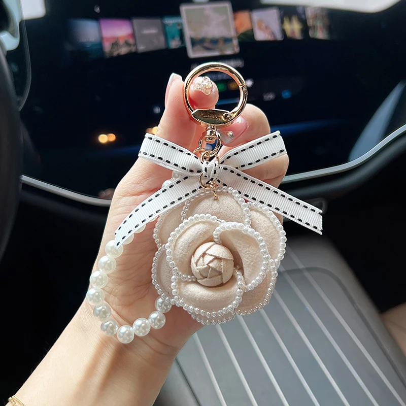 Fashion Bow Camellia Car Keychain Creative Pearl Element Flower Bag Pendant Exquisite Keychain Gift