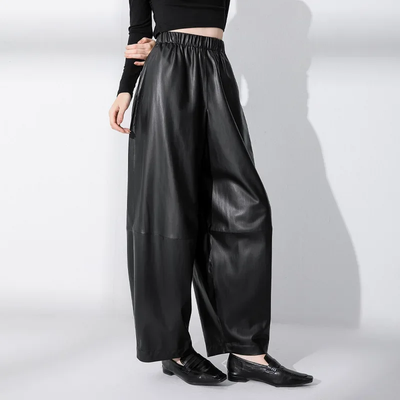 New Pu Wide Leg Pants Black Casual Womens Ankle Length Pants Autumn Winter Loose Fashion Solid Color All-match Pants for Women