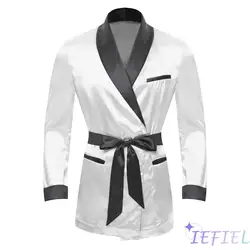 Mens Satiny Smoking Jacket Robe Nightwear Sleepwear V-Neck Short Coats House Kimono Bathrobe with Belt Gym Wear Spa Bathing Suit