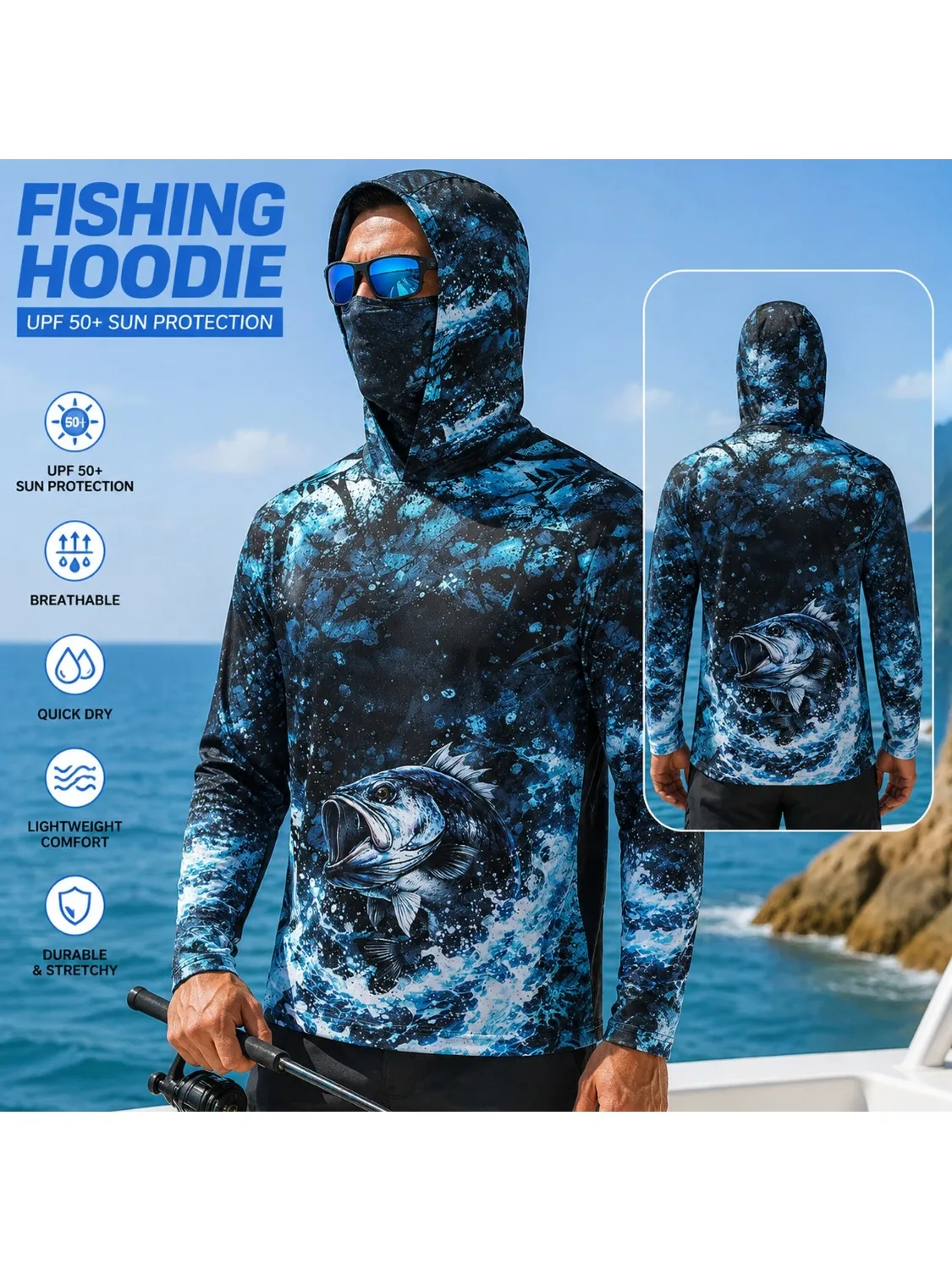Herren Performance-Angelhemd mit Kapuze, Langarm, Schnelltrocknend, UV-Schutz, Outdoor-Bekleidung für Männer – Detail 2