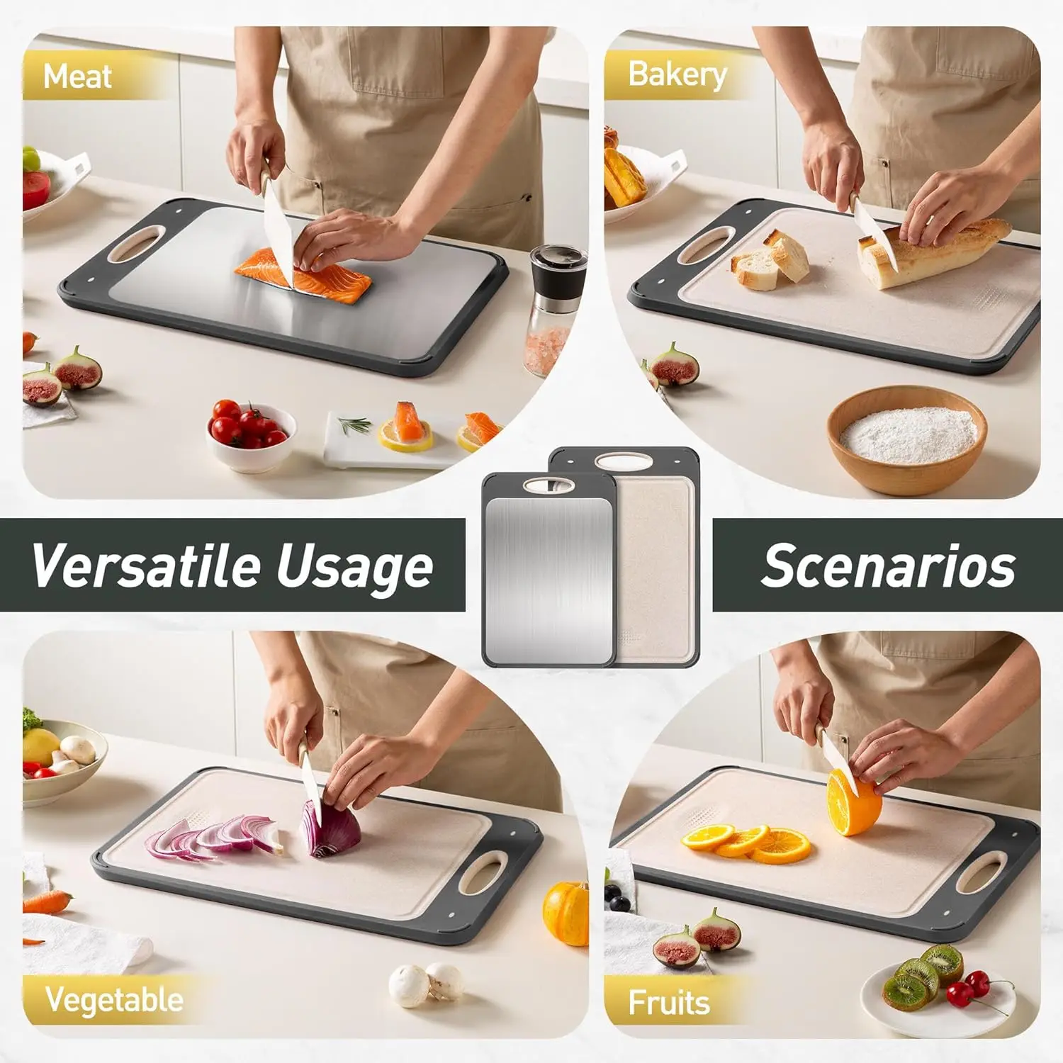 Conjunto de tábua de corte de aço inoxidável de 2 pacotes, tábua de cortar de metal dupla face para carne/frutas/legumes, presente de cozinha de qualidade alimentar