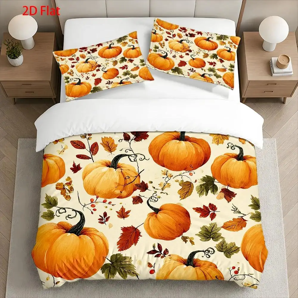 Zippered Duvet Cover Set, Flat Print Duvet Cover Three-Piece Set, Pumpkin and Autumn Leaf Harvest Theme, Watercolor Hand-Painted Style, Three-Piece Bedding Set (1*Duvet Cover + 2*Pillowcases), Suitable for All Seasons, Machine Washable, Invisible Zipper Design, Large Double Bed Cover Set, Suitable for Home, Dormitory, Master Bedroom, Guest Room, Bedroom Decor Bedding, Hot-Selling Fantasy Style Duvet Cover Three-Piece Set