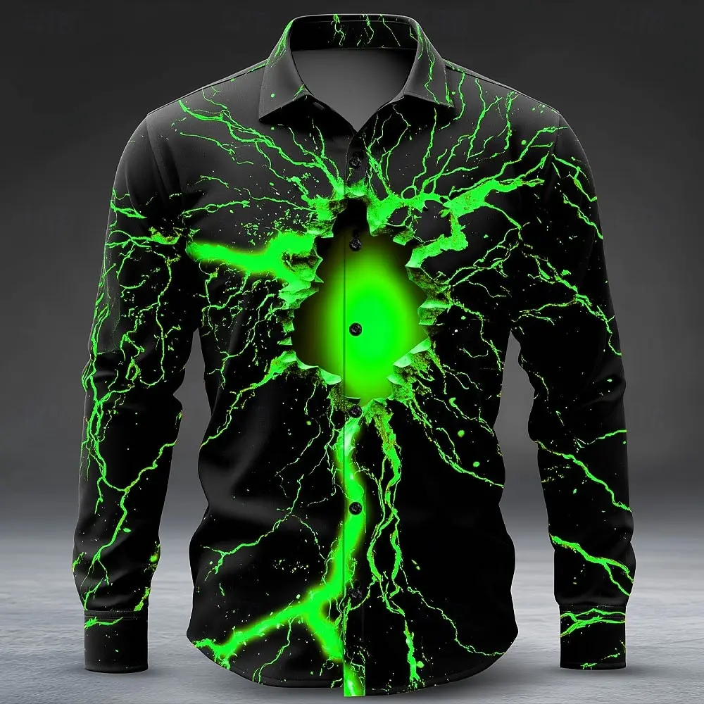 Halloween Costumes Men's Optical Illusion Lightning Shirts Button Up Shirts Long Sleeve Casual Outdoor 3D Print Collared Shirt