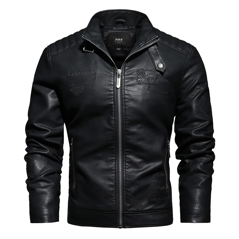 Fashion High-quality Men's PU Leather Jacket Black Warm Plus Velvet Embroidery Patch Motorcycle Men Brand Clothing L-3XL