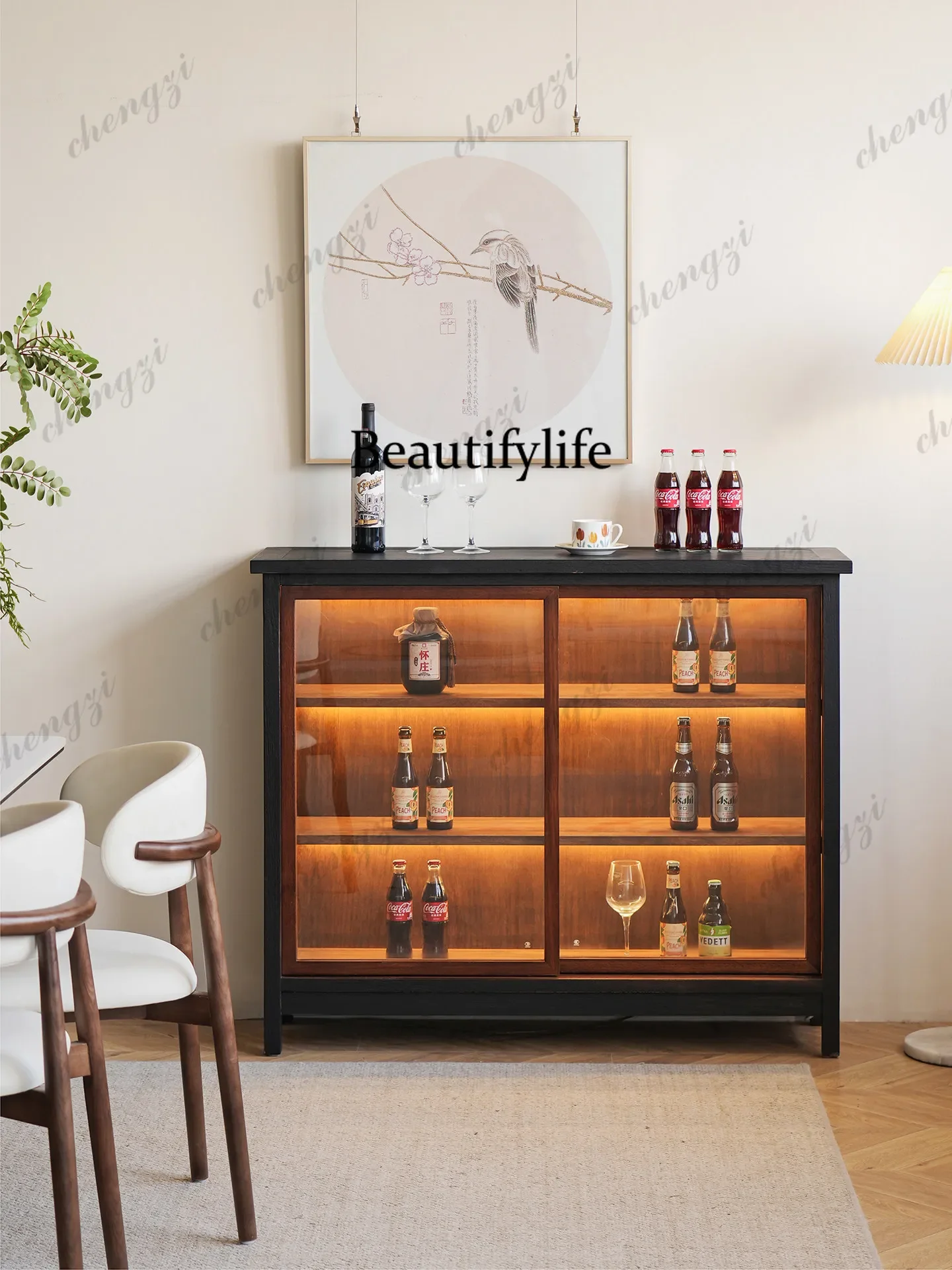 z183 Medieval wabi-sabi black solid wood dining side cabinet restaurant coffee shop homestay commercial storage side cabinet