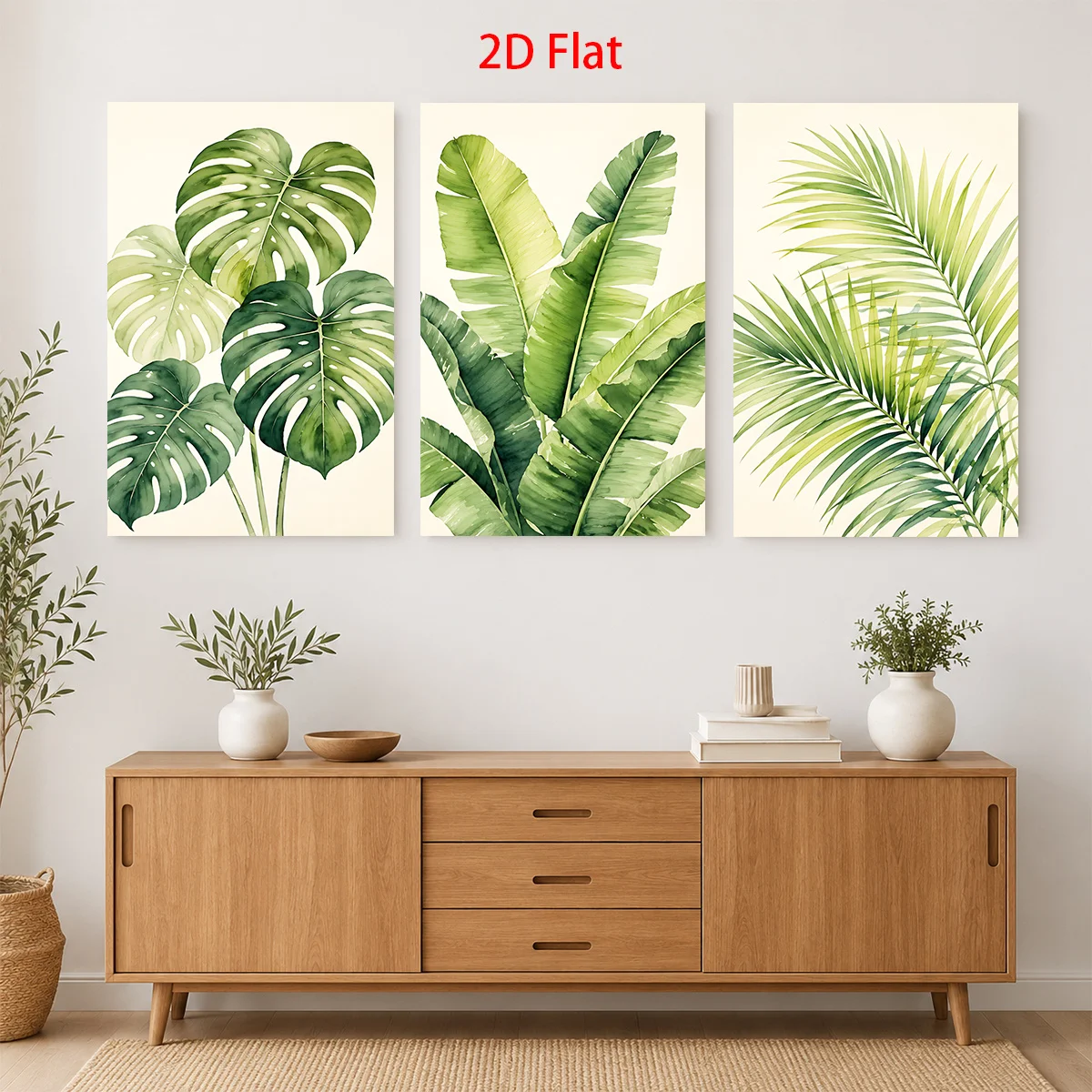 (No frame)2D Flat 3PCS- Three canvas paintings with green tropical leaves in watercolor style. Themed Canvas Wall Art, Waterp