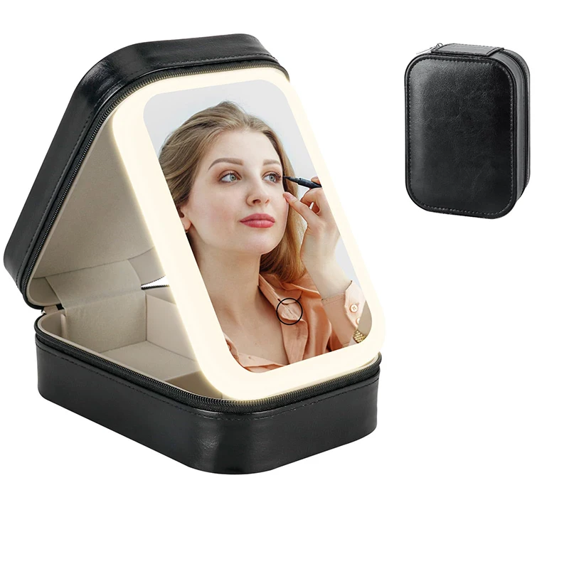 Makeup Storage Box With LED Light Mirror Portable Travel PU Leather Cosmetics Jewelry Storage Bag 3 Adjustable Brightness