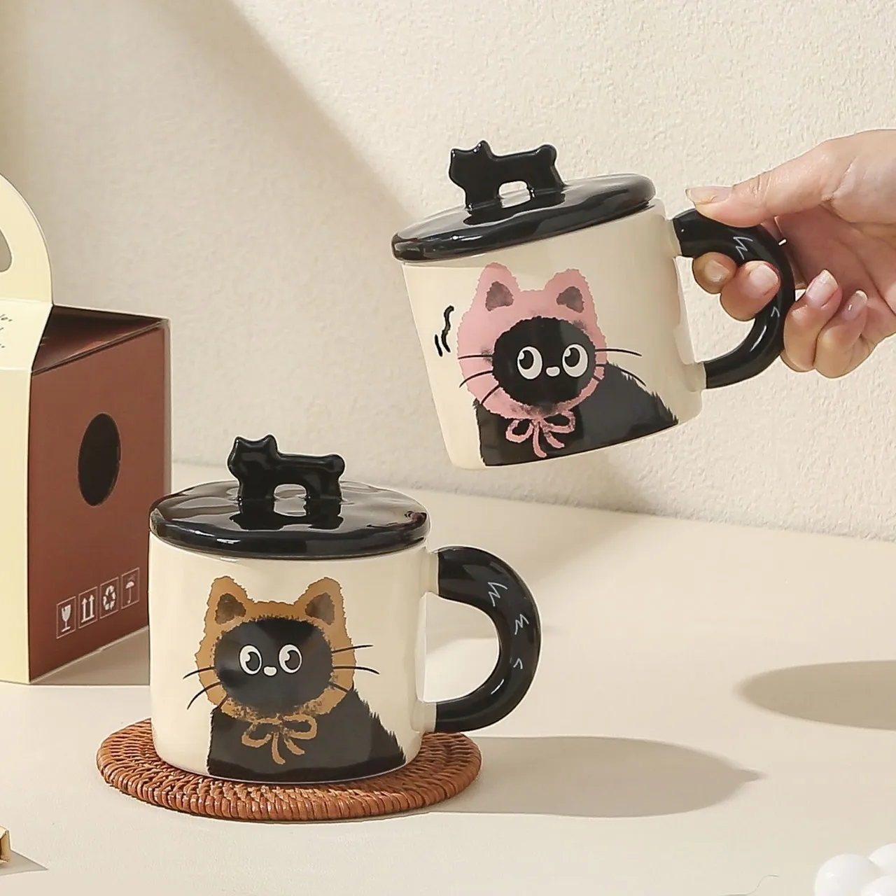 Niedliche Katzenbecher mit dreidimensionalem Deckel, Geschenke für Mädchen, Souvenirbecher, Büro, Cartoon-Kaffeetassen, Keramiktassen mit hohem Erscheinungsbild