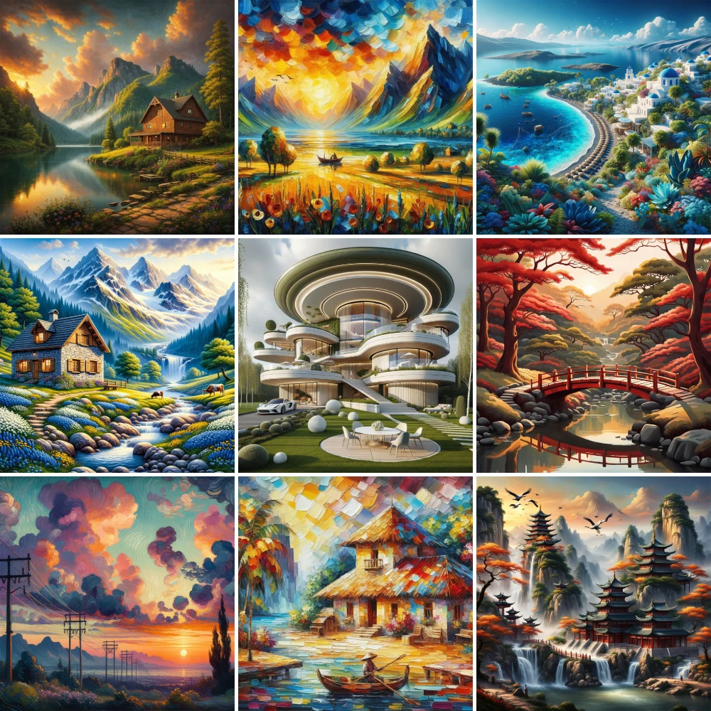 

Landscape Fantasy Tower Printed Cross-Stitch Embroidery Complete Kit Handmade Handicraft Knitting Sewing Mulina Promotions Magic