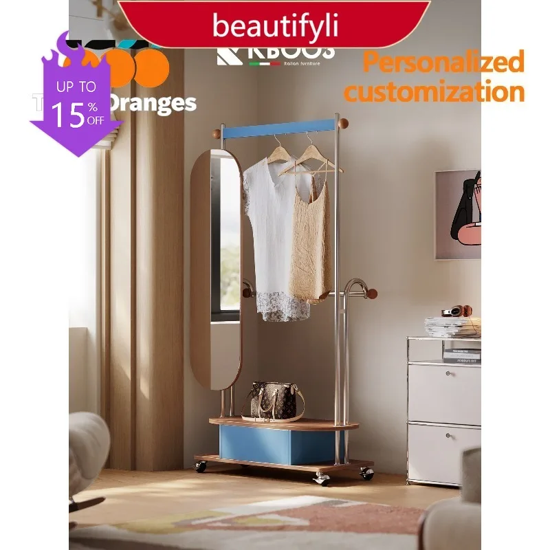 9344 Italian minimalist floor coat rack Bedroom removable rack with full-length mirror Multifunctional