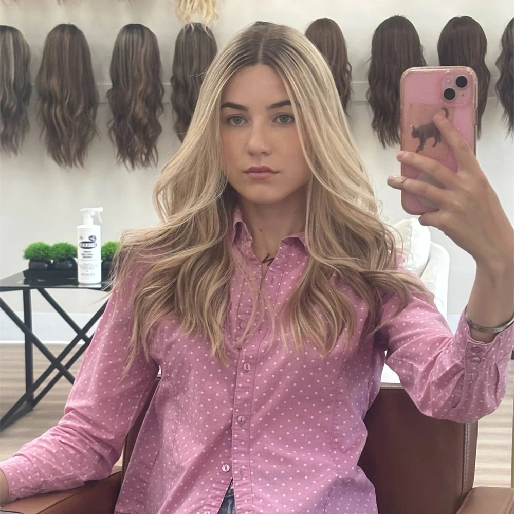 

Beige Natural Blonde Balayage Synthetic Blend Wig Long Loose Waves Blond Money Highlights Lace Front Wig Beginner Wig Daily Use