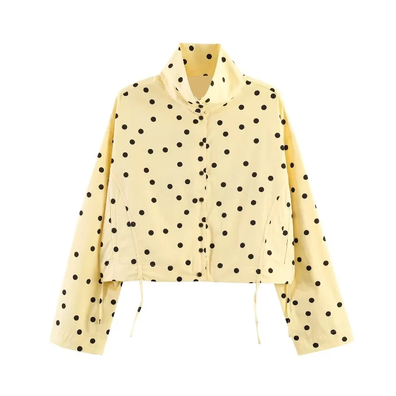

Elegant Summer Women Yellow Polka Dot Cropped Jacket Lightweight Stand Collar Drawstring Hem Retro Casual Windbreaker Coat