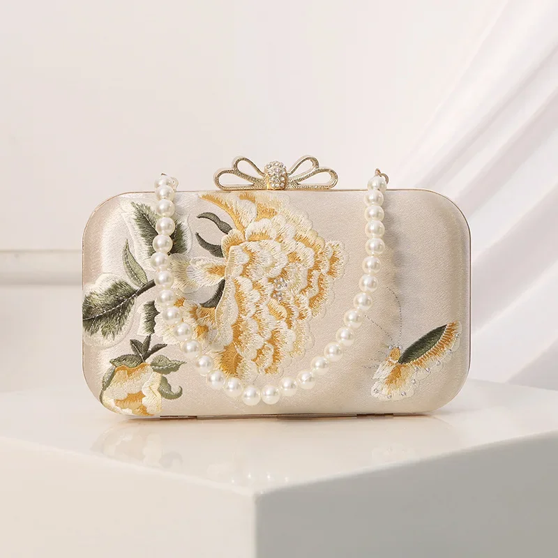 Bolso de mano para fiesta de boda de estilo chino, bolsos de noche con bordado de flores para mujer, bolso de mano cuadrado dorado y negro y bolso de satén