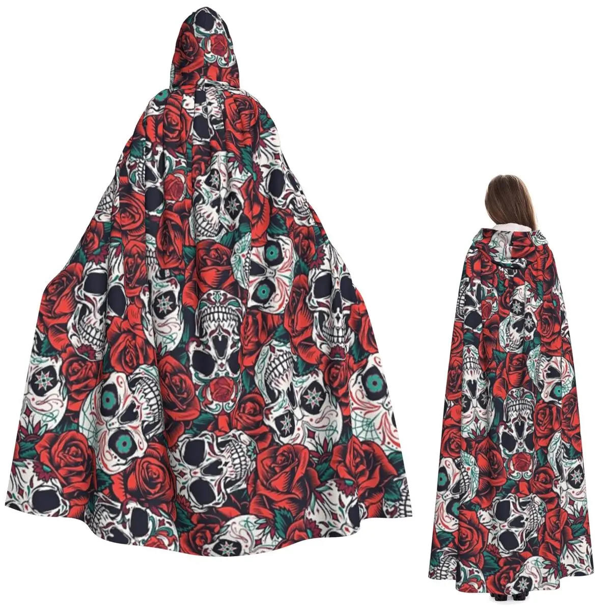 

Vintage Floral Skull Roses Long Hooded Cloak Witch Medieval Costume Cosplay Cape HalloweenVampire Adult Unisex