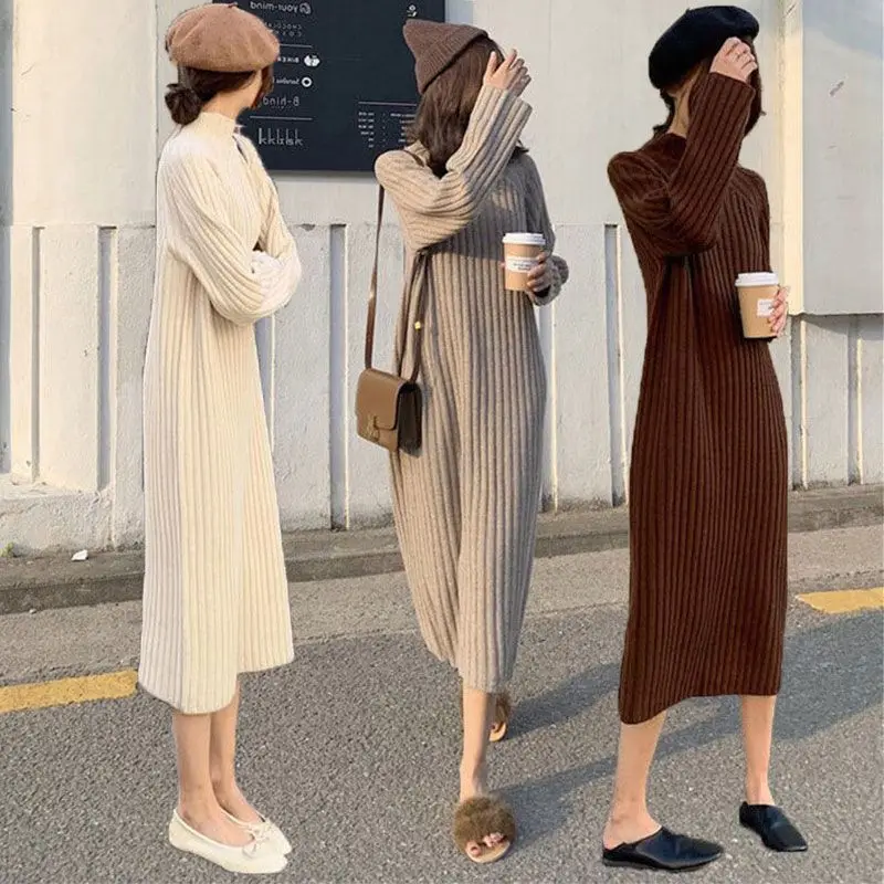 

Woman Knit Sweater Long Dress Female Sleeve Knitted Dresses Ladies Hakf Turtlenck Solid Color Fashion Pullover G819