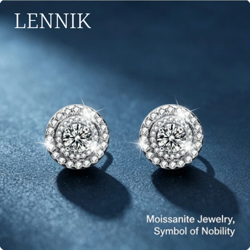 

LENNIK Mozambican Round Full Diamond Stud Earrings 925 + Silver Premium Simple Temperament Earrings Ear Jewelry