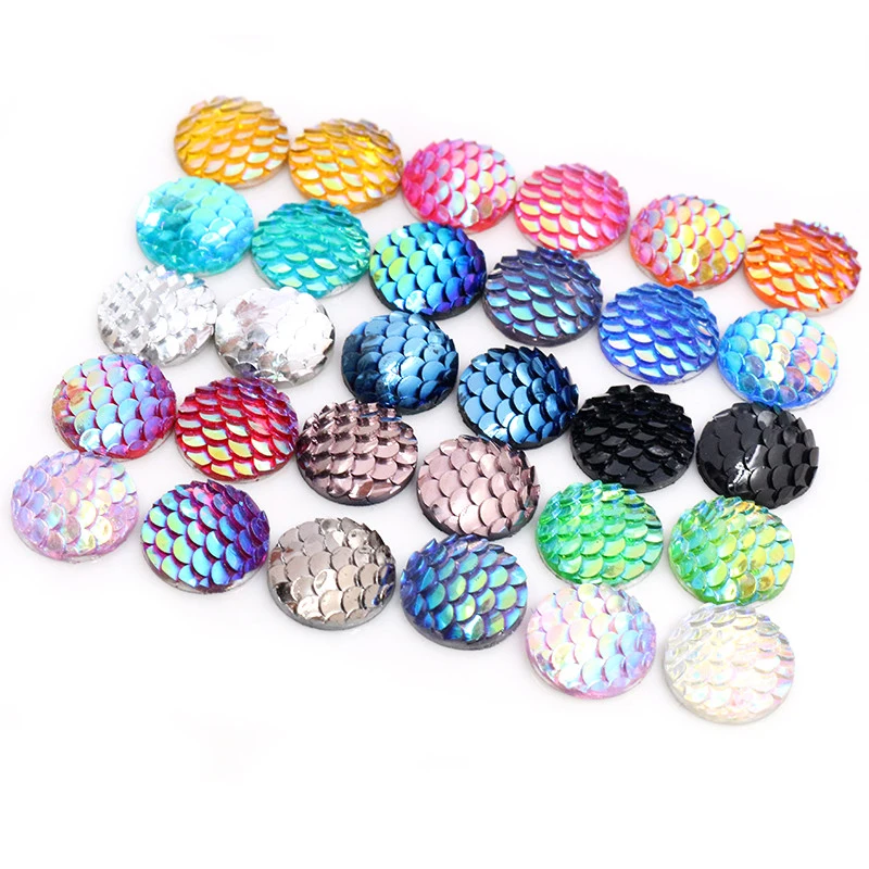 40pcs 8mm 10mm 12mm Mix Colors Mermaid Fish Scale Flat back Rhinestone Round Cabochon Embellishment Scrapbooking DIY Crafts