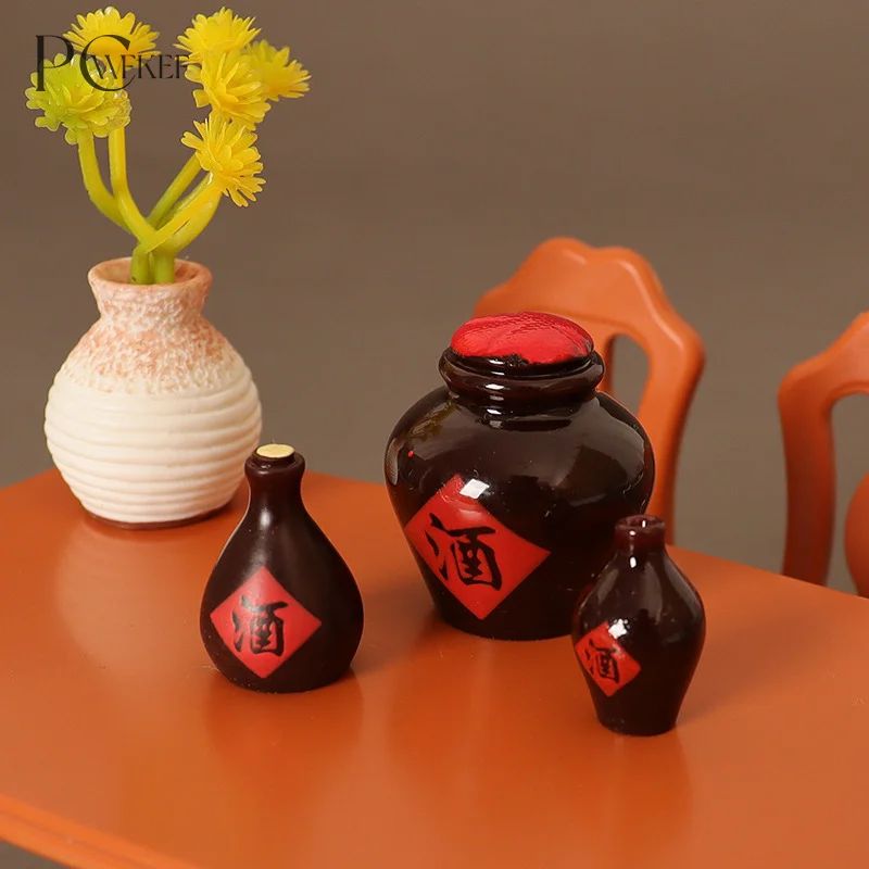 1Set 1:12 Dollhouse Miniature Wine Jar Retro Chinese Wine Jar Wine Cup Model Kitchen Decor Toy Doll House Accessories