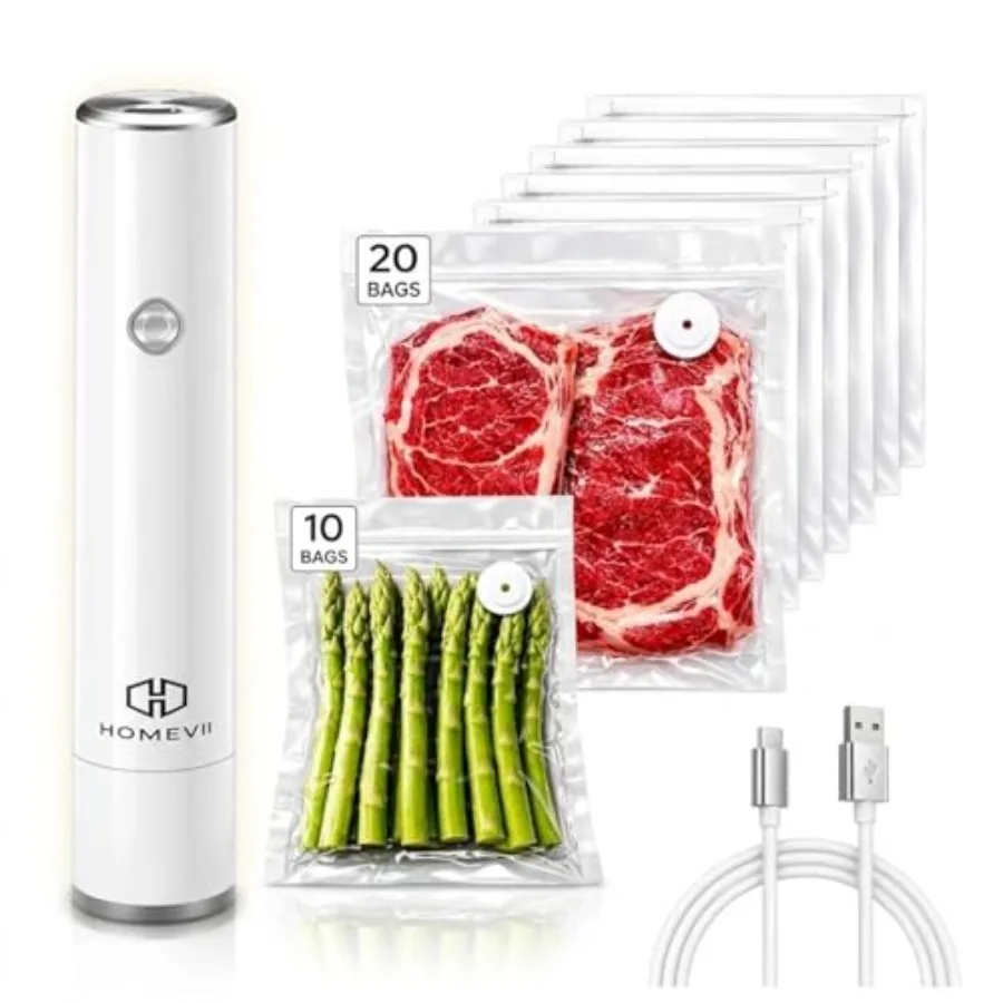 

Portable vacuum sealer for home kitchen and travel: food-grade reusable bags, black, one-touch operation, USB rechargeable, sou