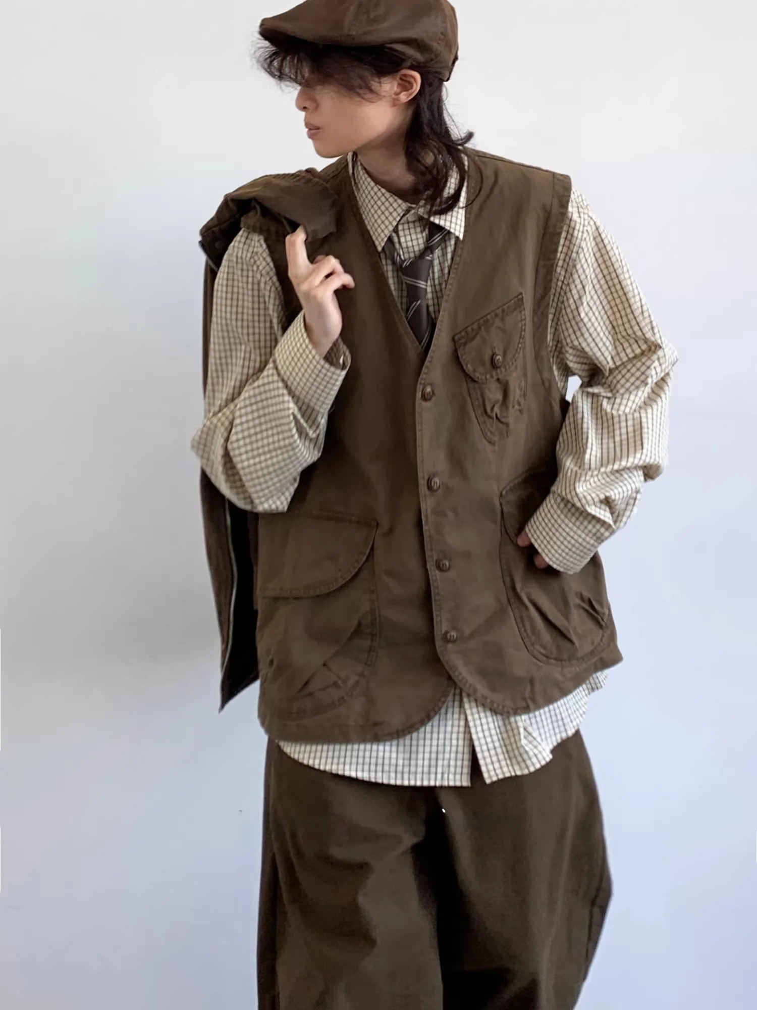 

Свободный винтажный рабочий жилет в японском стиле для весны и осени, с множеством карманов, универсальная верхняя одежда для многослойных образов