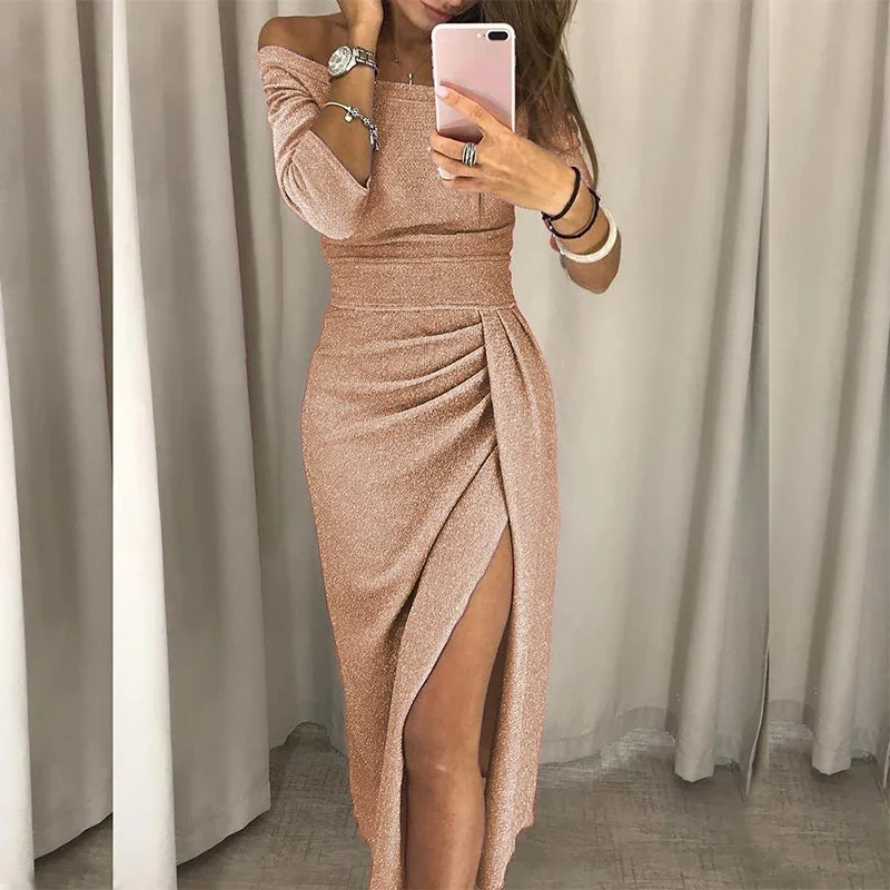 

Women's High Waist Bodycon Dress, Vintage Bling Sexy Dresses, Off Shoulder, Bright Silk, Shiny Party Dress, Lady Split, Autumn,