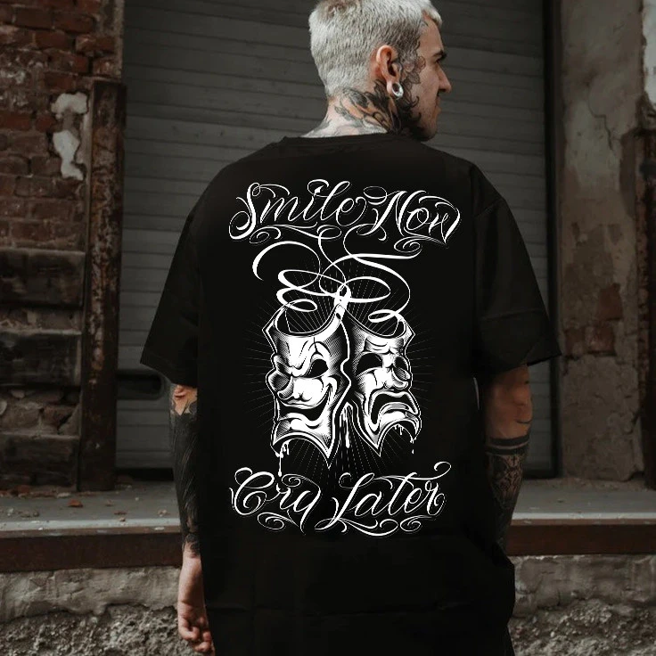 2026 Summer Tattoo Chicano Cursive Font Hip-hop English Mask Crying Smile American Heavy Weight Loose T-shirt