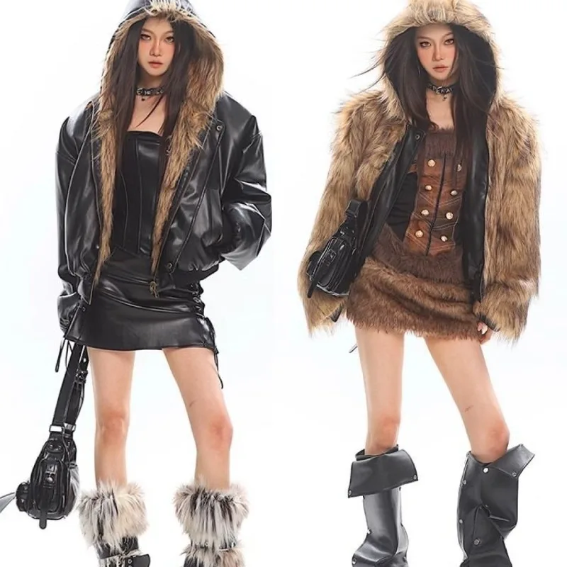 

Осенне-зимняя высококачественная дизайнерская куртка, женская корейская версия, ленивый стиль, двустороннее пальто из искусственной кожи, женская одежда