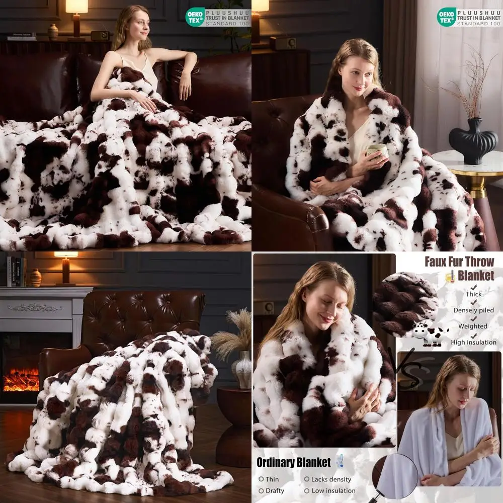 

Коричневое одеяло из искусственного меха с коровьим принтом, плюшевое и уютное, 60x80 дюймов, идеально подходит для дивана, спальни, декора гостиной
