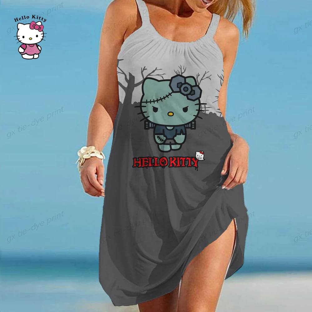 Elegant Dress for Women Sexy Hello Kitty Women\'s Dress Sling Summer Woman Beach Boho Loose Print Hello Kitty Fashion Girl