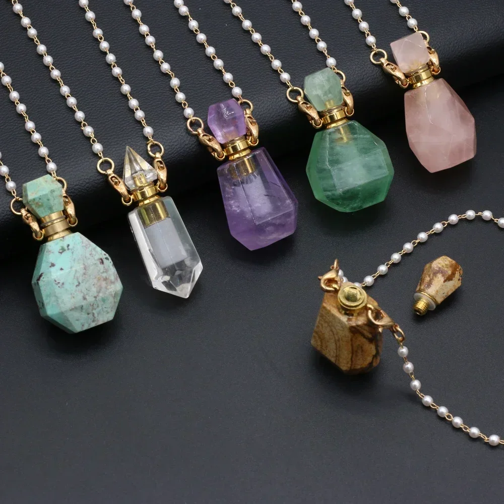 Natural Stone Perfume Bottle Pendant Necklace Charms Rose Quartzs Amethysts Essential Oil Diffuser Pendant Pearl Beads Necklace