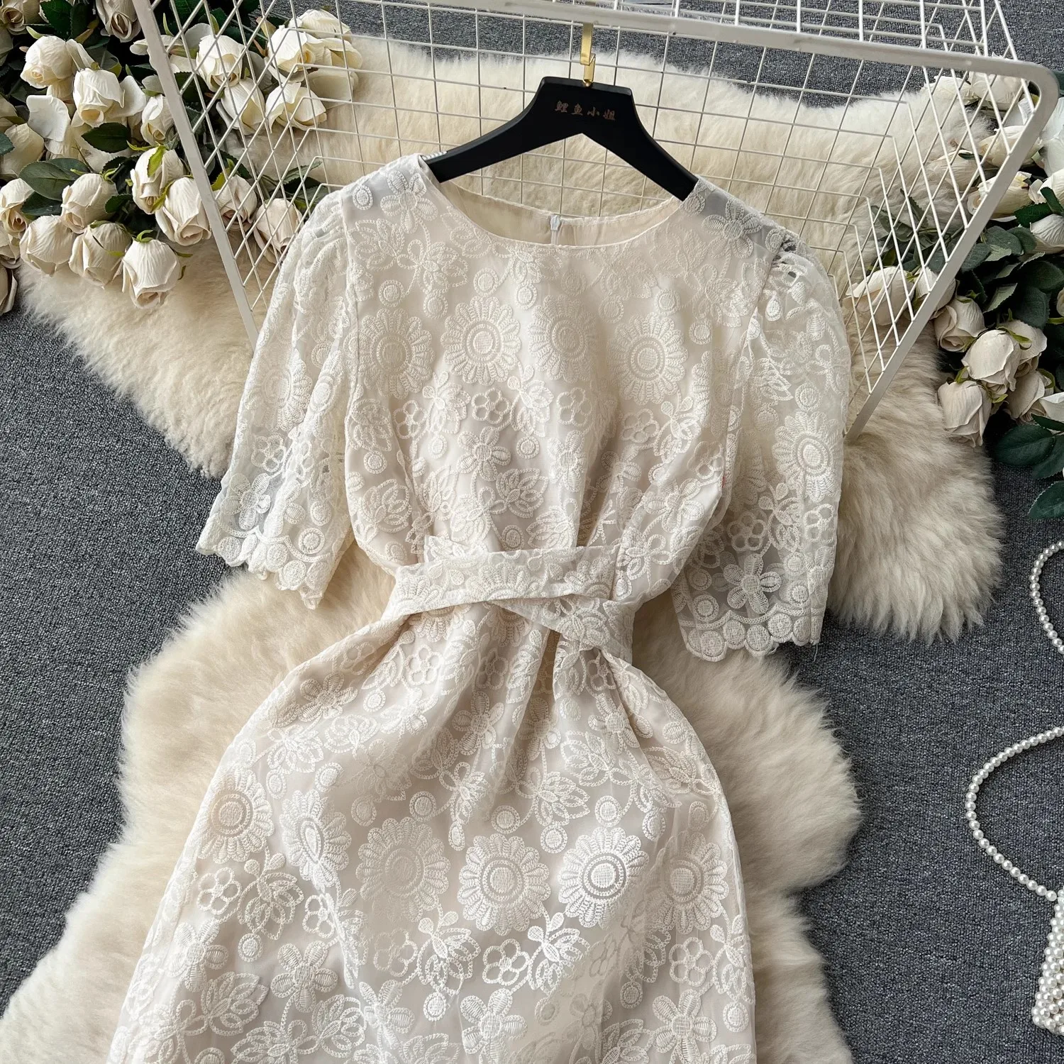 France Elegant Summer White Lace Midi Dress New High Quality Women O Neck  Embroidery Flower Mesh Lace Up Office Ladies Vestidos - AliExpress 200000345