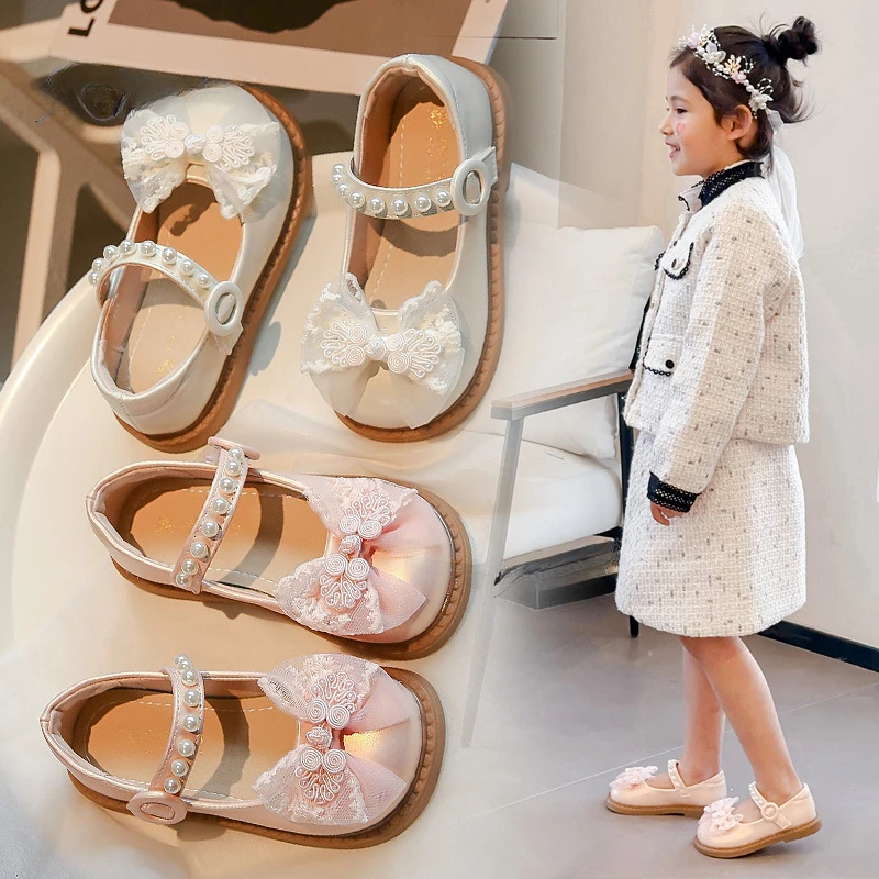 Mädchen Prinzessin Schuhe 2024 Frühling Herbst neue Schleife Kinder rutsch feste weiche Sohlen Perlen Pu Leder Loafer Größe 23-34