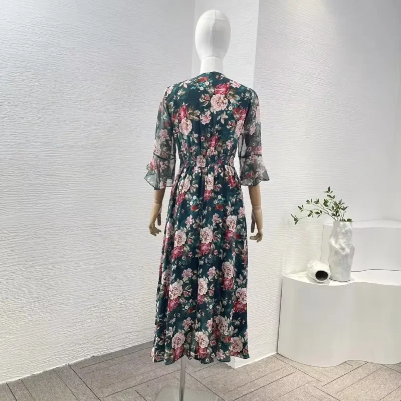 New Spring Summer Green Pink Peony Floral Print Long Sleeve Flouncing Ruffle Midi Dresses for Women 2024