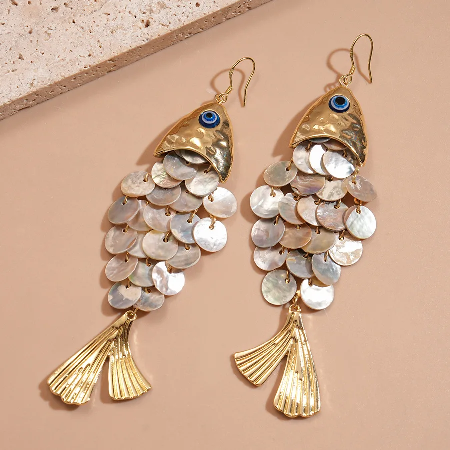 DOO MEI Bohemian Fish Shape Shell Tassel Dangle Earrings for  Shell Sequins Long Drop Earrings Vacation Beach Party Ear Jewelry