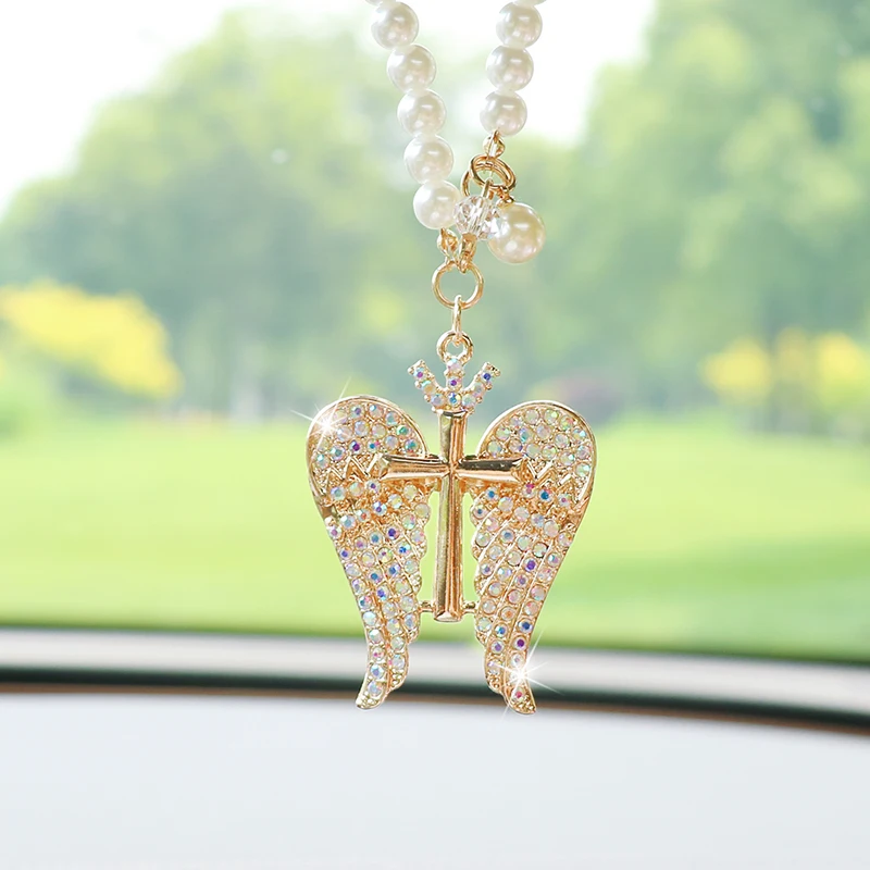 

Creative cute diamond-studded crown angel car pendant exquisite angel wings car rearview mirror pendant car hanging decoration