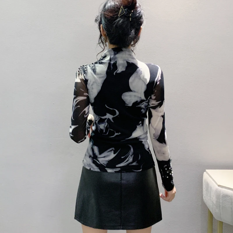 2024 New Fall Winter Korean Clothes Mesh T-Shirt Chic Sexy Wash Painting Patchwork Embroidery Women Tops Long Sleeve Tees 311050 image 2