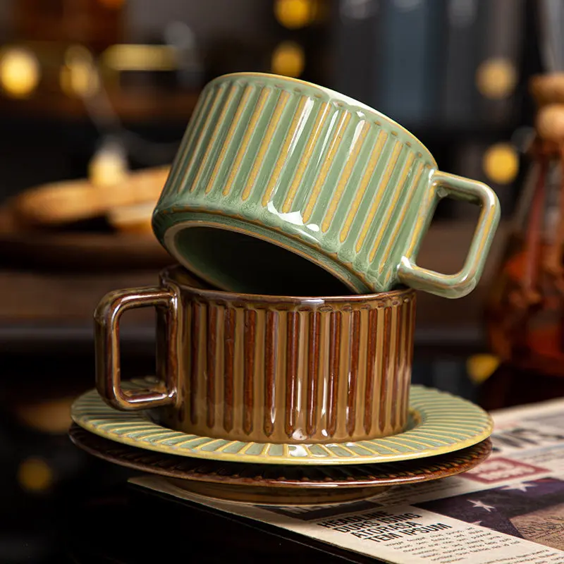 280/300ml Coffee Cup Dish Set sHigh End Exquisite Kiln Transformation Retro Ceramic Water Cup Plate Set Afternoon Tea Tableware