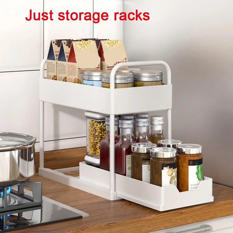 Multifunctional Kitchen Rack Pull-Out Spice Rack Double-Layer Cabinet Storage Rack White-SPMI