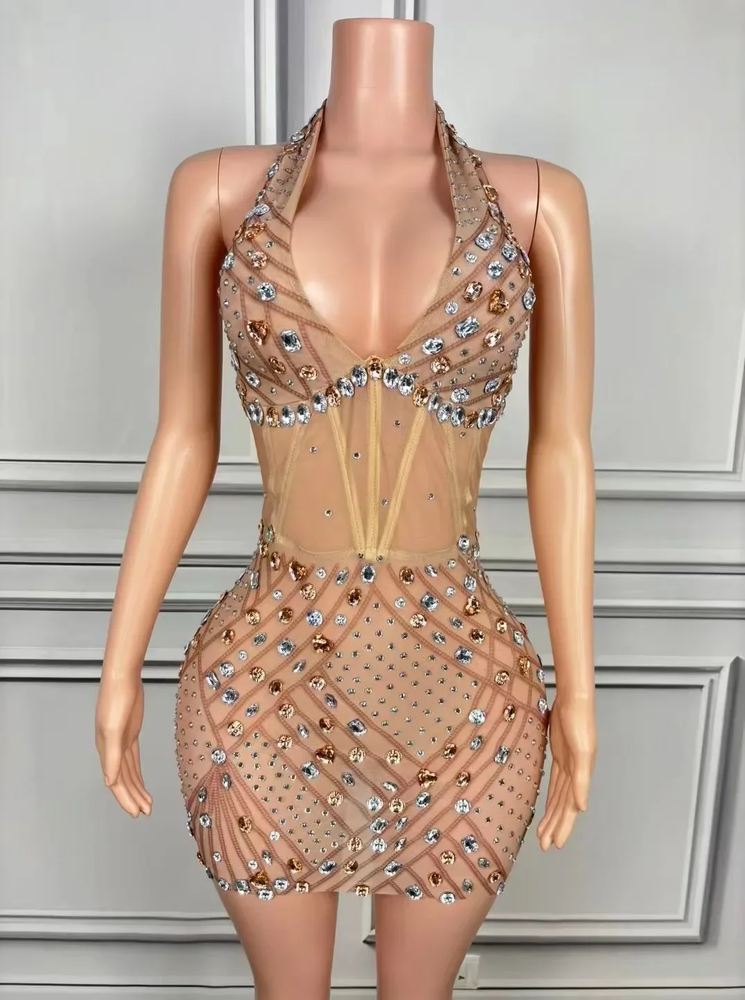 

Sexy Stage Sparkly Rhinestones Halter Backless Sheath Dress Evening Party Performance Costume Nightclub Singer Dancer Stage Wear