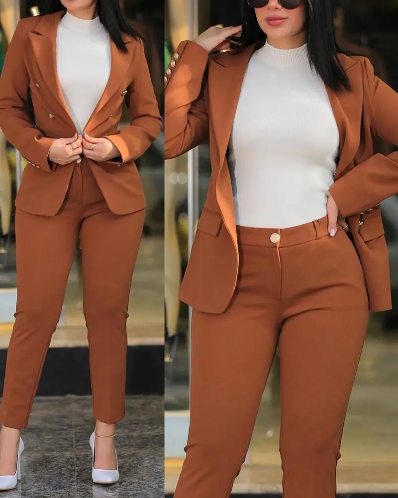 Office Lady Elegant Solid Two Piece Sets New Autumn Winter Women Fashion Lapel Long Sleeve Blazer & High Waist Work Pants Suit