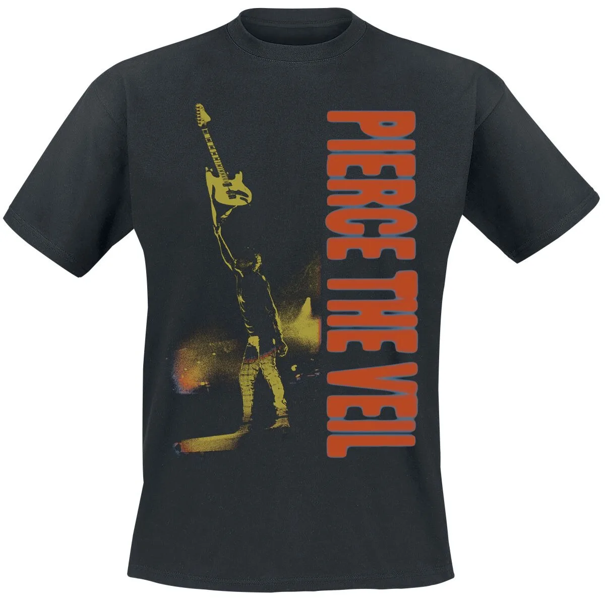 Pierce The Veil Live Stage Tee, Emo Metalcore T-Shirt with Guitarist Silhouette & Orange Band Logo, Pierce The Veil Fan Merch
