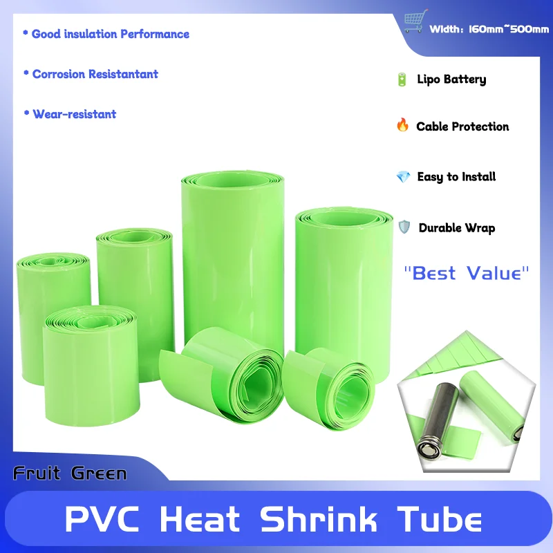 

160mm~500mm PVC Heat Shrink Tube 18650 Lipo Battery Cable Sleeve Lithium Insulated Film Wrap Case Protection 2~20M Fruit Green