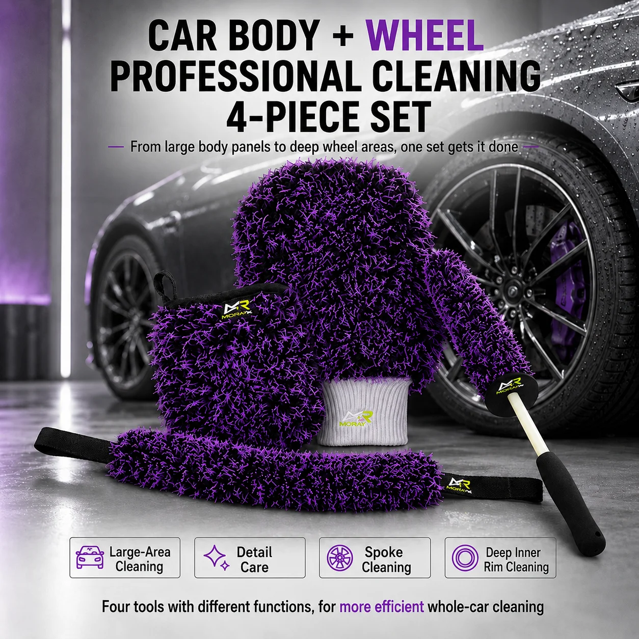 MORAY car wash gloves, car wash strips, long plush wheel brushes, reusable, suitable for car cleaning, cleaning hard-to-reach wh