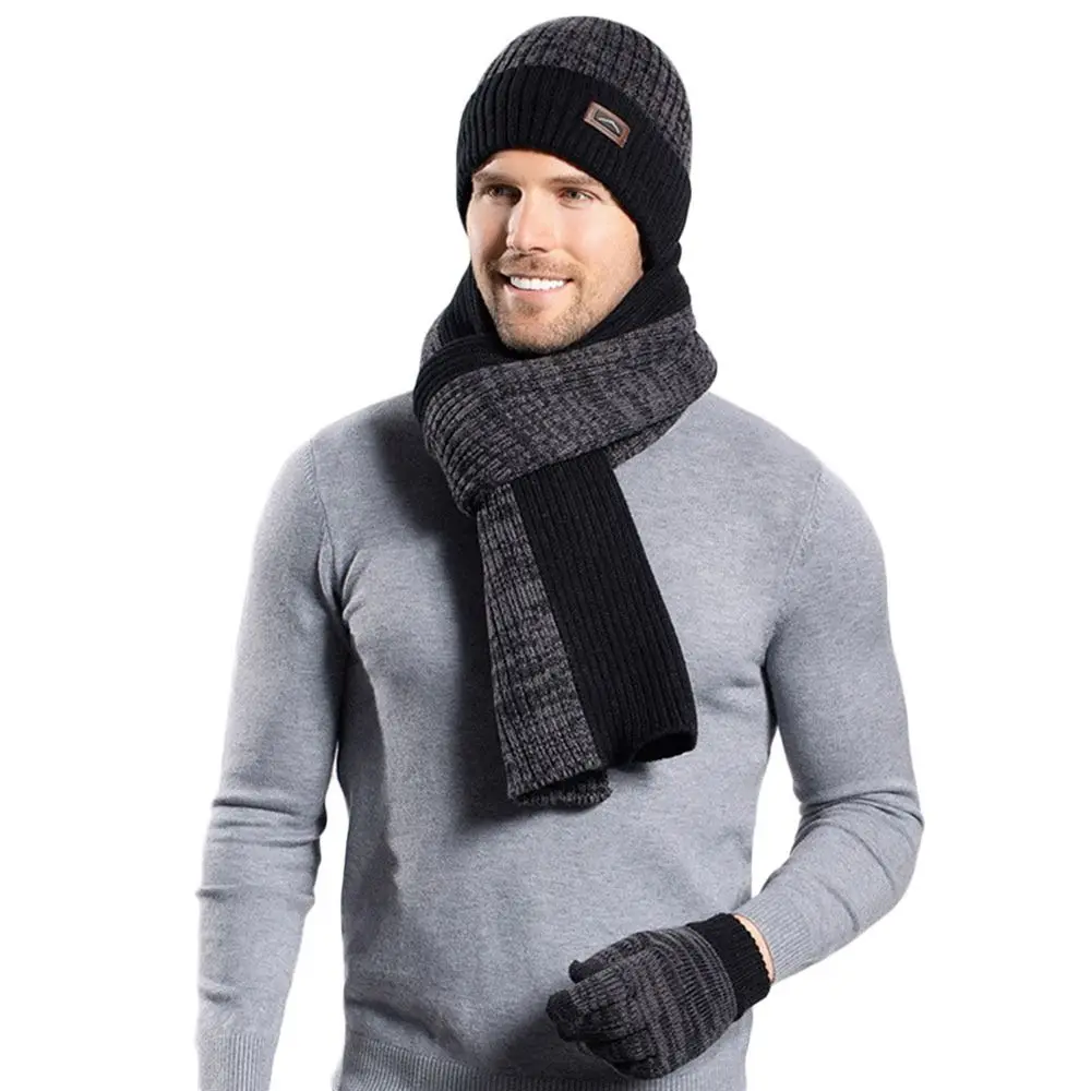 3개 세트 겨울 비니 모자 스카프 여성 남성용 터치스크린 장갑 따뜻한 니트 플리스 안감 스카프 귀 보호 울 비니