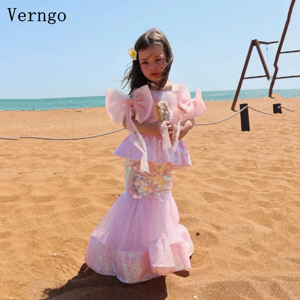 Verngo Princess Pink Shiny Mini Girl Flowers Dress 3D Flowers A Line Kid Birthday Party Dress Sequined Ball Gown Customized