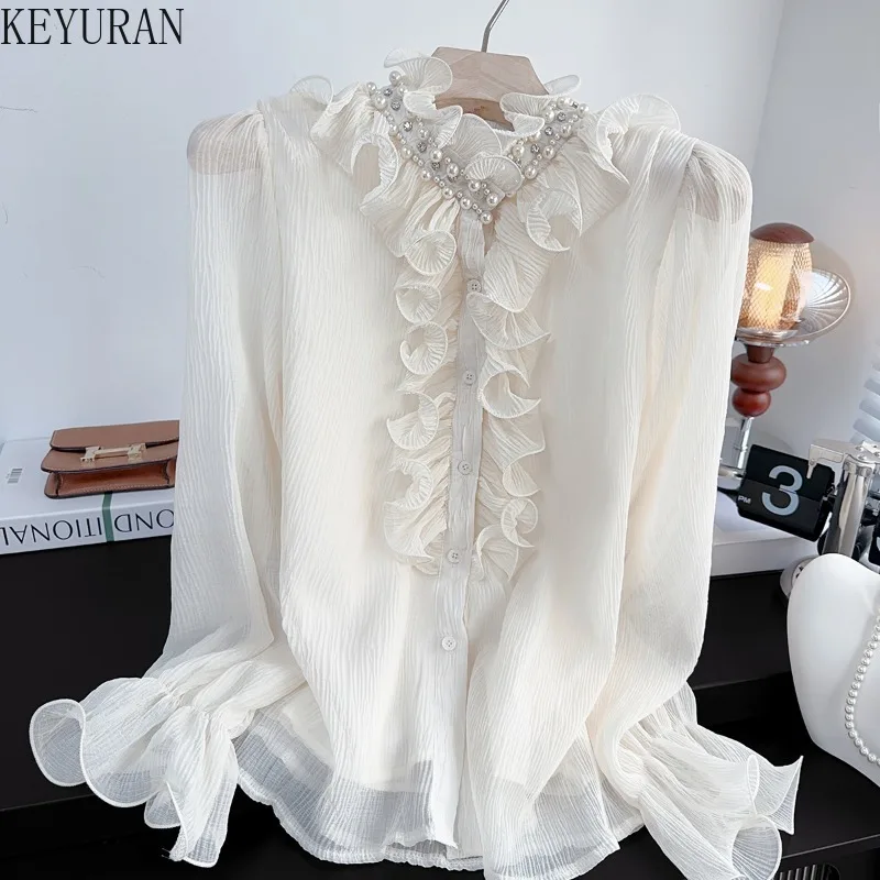 

Весенне-осенняя винтажная блузка с рюшами и стразами, женская одежда, белая шифоновая рубашка со воротником-стойкой, длинными пышными рукавами, свободный крой, элегантный топ