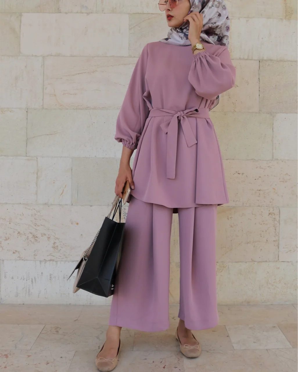 Elegant 2 Piece Muslim Sets for Women Tops and Pants Suits Eid Arabic Abaya Matching Long Sleeve Outfits Casual Isamic Clothing