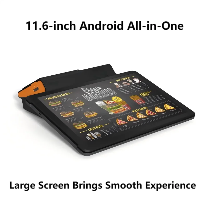 شاشة كبيرة 11 بوصة Android POS مع طابعة 80 مم، اتصال Loyverse Desktop POS 4G WIFI BT، ماسح ضوئي ثنائي الأبعاد للبيع بالتجزئة ماكينة تسجيل المدفوعات النقدية