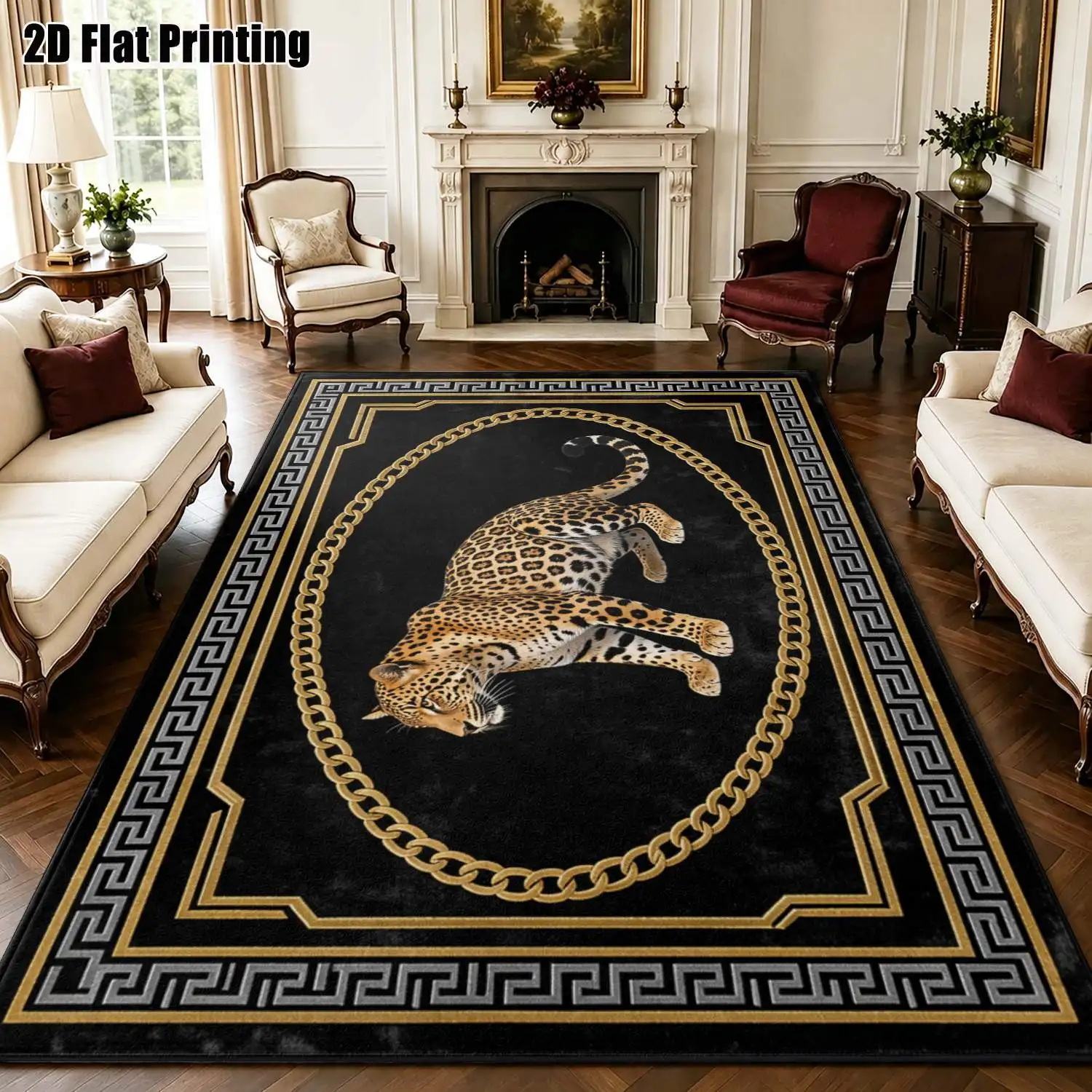 1Pc 2D Printed Black & Gold Geometric Leopard Carpet, European Vintage Modern Minimalist Home Decor Rug, Multi-Size, Machine Washable, Ideal for Entrance, Dining Room, Foyer, Bedroom, Living Room