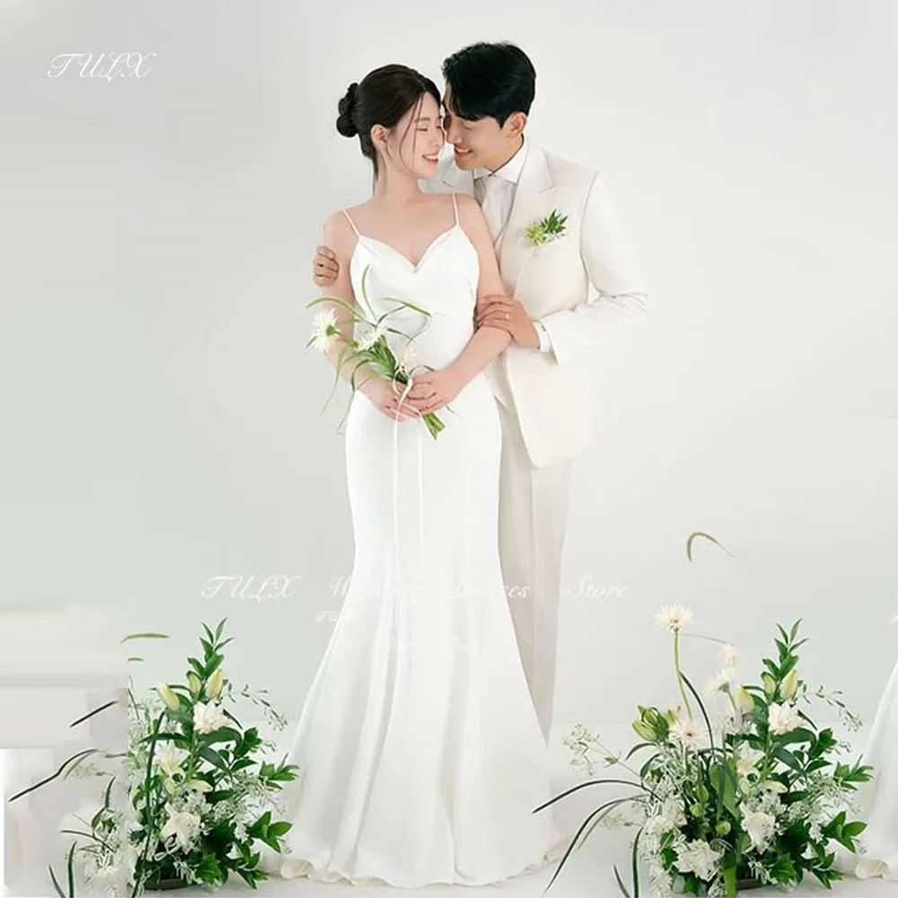 TULX Elegant V-Neck Strap Korea Wedding Dress Photo Shoot Mermaid Floor Length Satin Bridal Gown Corset 웨딩드레스 Custom Made 2025